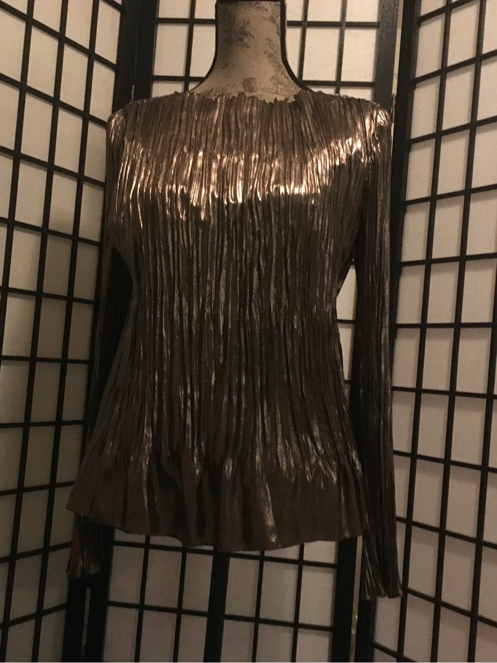 Jonathan Simkhai Metallic Bronze Long-Sleeve Pleated Top